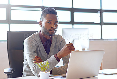 Buy stock photo Portrait, black man and technology on desk in office for creative job as web developer or graphic designer for company. Person, internet and online for website update or software reset for agency.