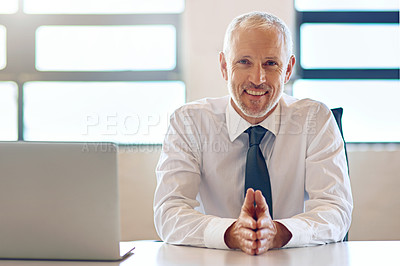 Buy stock photo Mature lawyer, man and happy in portrait in office by laptop for online consulting for legal advice. Advocate, attorney and person with smile corporate law firm for service by computer in workplace