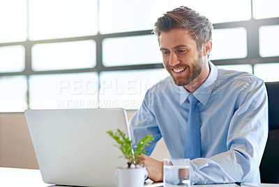 Buy stock photo Laptop, happy and research with a business man in the office and working online to finish a project at his desk. Computer, technology and email with a young male employee at work for company reading