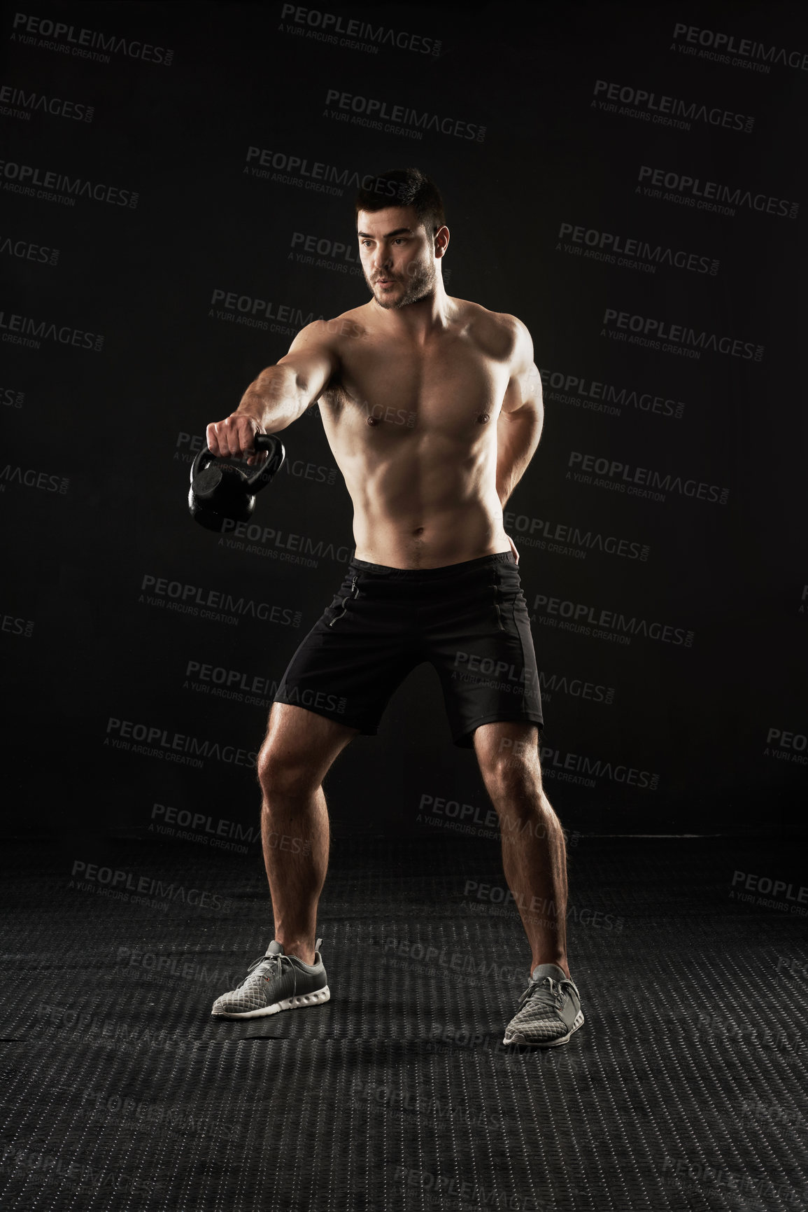 Buy stock photo Muscular man, weightlifting and fitness with kettlebell for workout, studio or exercise on a black background. Active male person or bodybuilder with training or tricep for muscle gain or strength