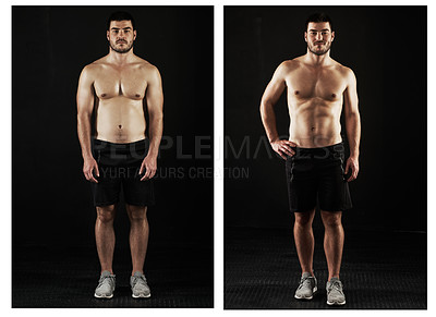 Buy stock photo Before and after shot of a young man's fitness progress isolated on black