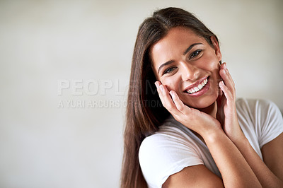 Buy stock photo Portrait of a beautiful young woman enjoying her perfect skin at home