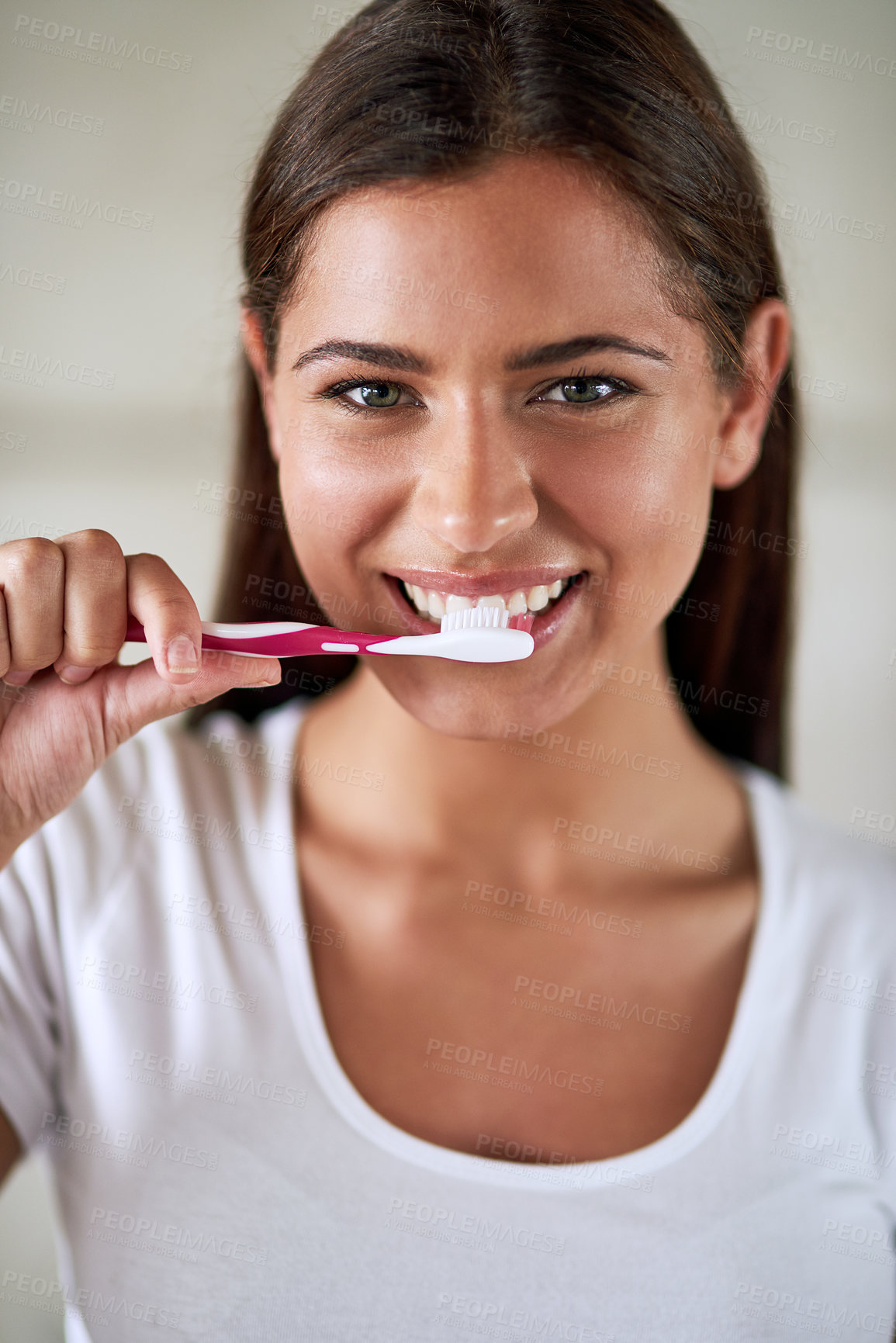 Buy stock photo Portrait, woman and smile with toothbrush in bathroom at home for hygiene and clean teeth. Female person, face and happy with toothpaste for fresh breath or smell with oral and dental health