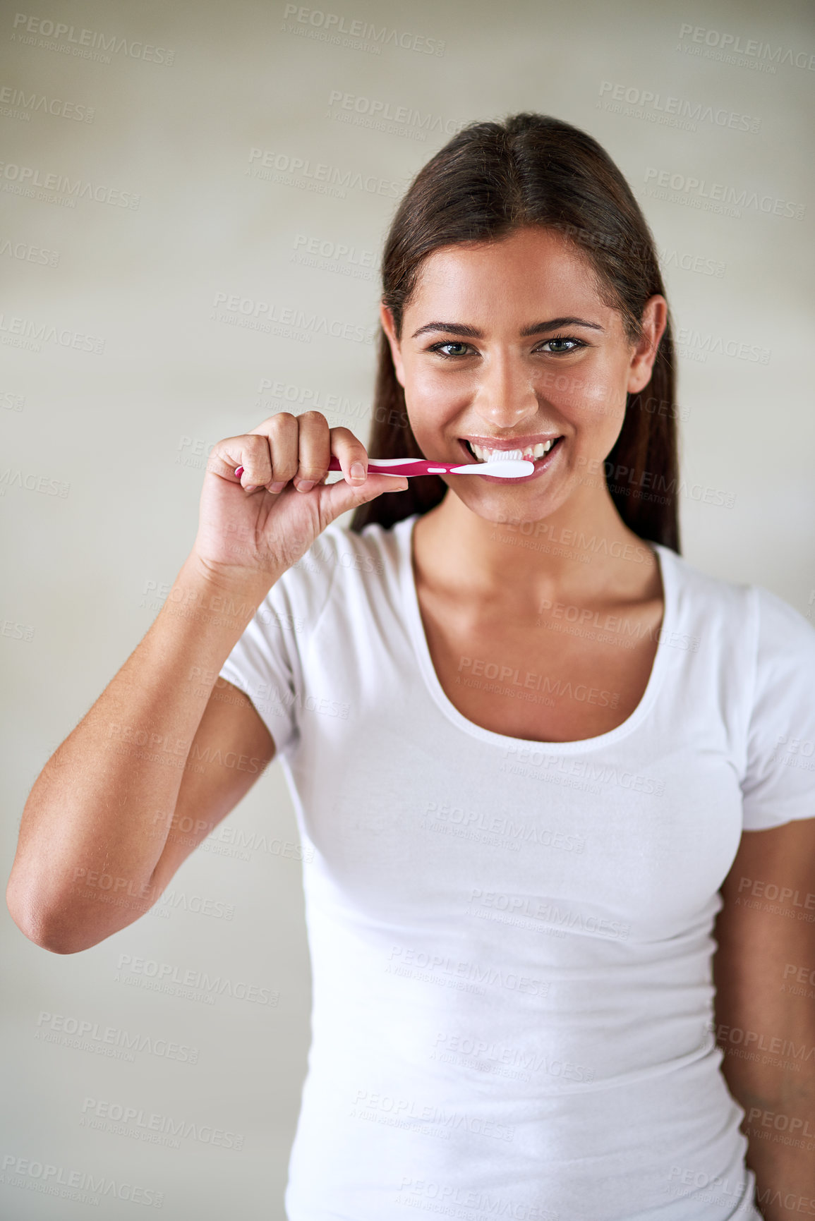 Buy stock photo Portrait, woman and happy with toothbrush in studio on white background for hygiene and clean teeth. Female person, smile and satisfied with toothpaste for fresh breath or brushing for oral health