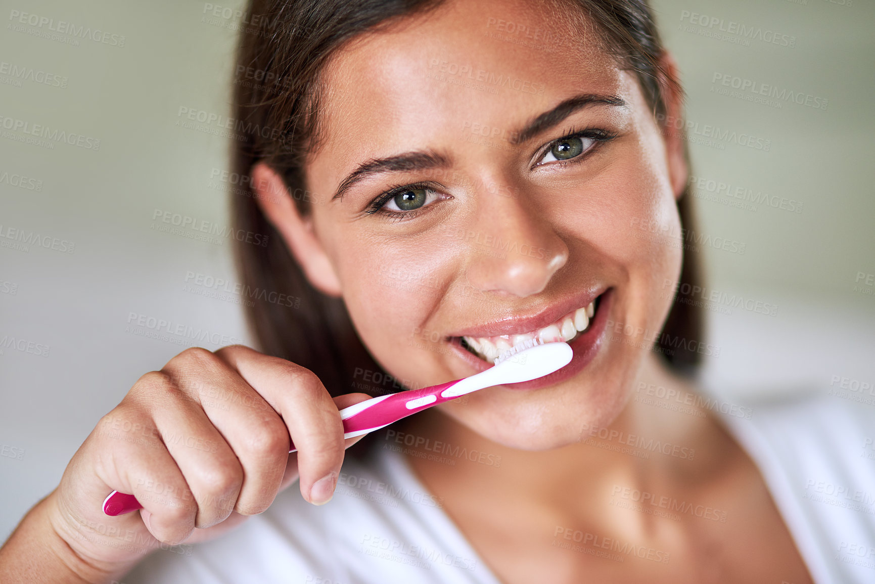 Buy stock photo Portrait, woman and smile with toothbrush in home for hygiene and clean teeth. Female person, face and happy with toothpaste for fresh breath or smell with oral or dental health and gum treatment