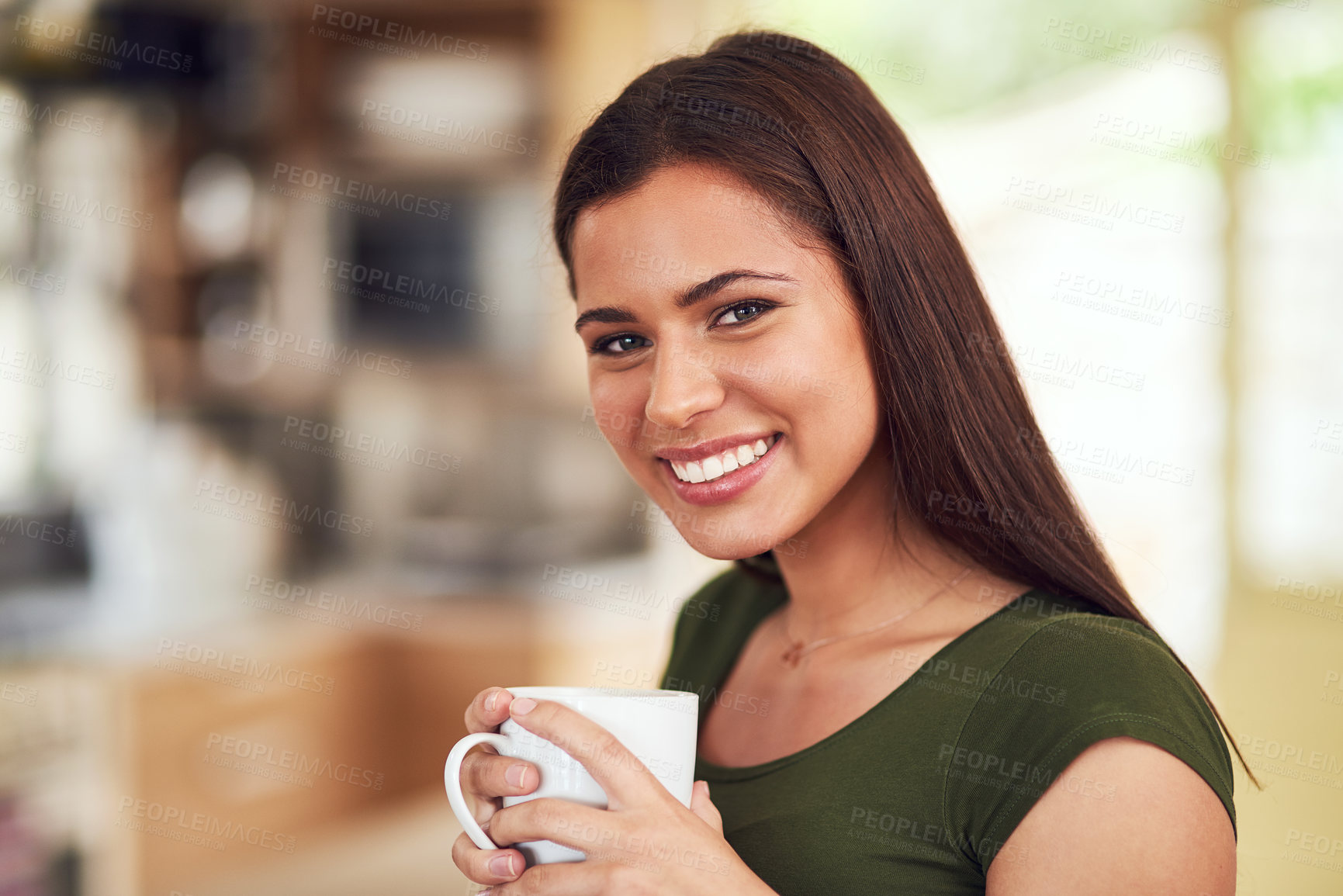 Buy stock photo Portrait, home and woman in kitchen, coffee and smile with break, happiness and comfort. Face, person and girl with morning tea, cappuccino and white mug for espresso, relax and leisure in house