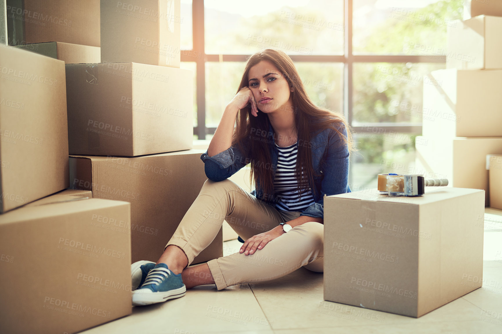 Buy stock photo Box, portrait or girl with moving stress on house floor frustrated by property investment scam, inflation or economy crisis. Lease eviction, fail or person in home loss, unemployment or bankruptcy