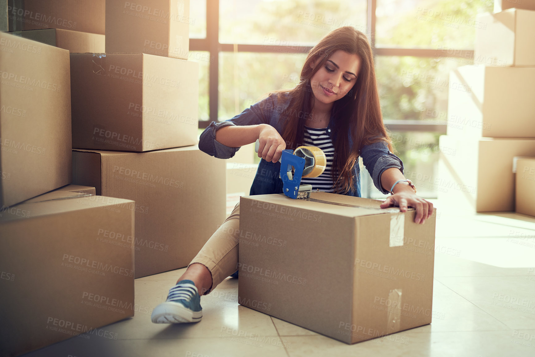 Buy stock photo Box, moving and woman on house floor for relocation, packing and real estate, sale or deal opportunity. New home, package and girl person in living room with donation, charity or ngo collection