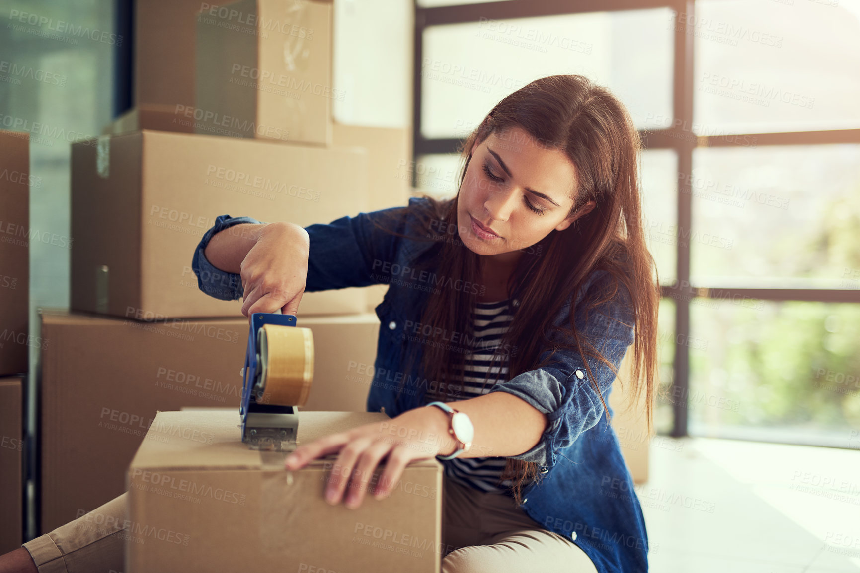 Buy stock photo Box, moving and girl on house floor for real estate, relocation and property, sale or deal opportunity. New home, package and woman person in living room with donation, charity or ngo collection