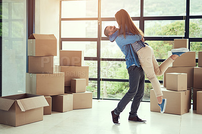 Buy stock photo New home, excited and couple hug with box for moving for house, property mortgage and real estate investment. Homeowner, marriage and man embrace woman to celebrate for relocation, packing and rental