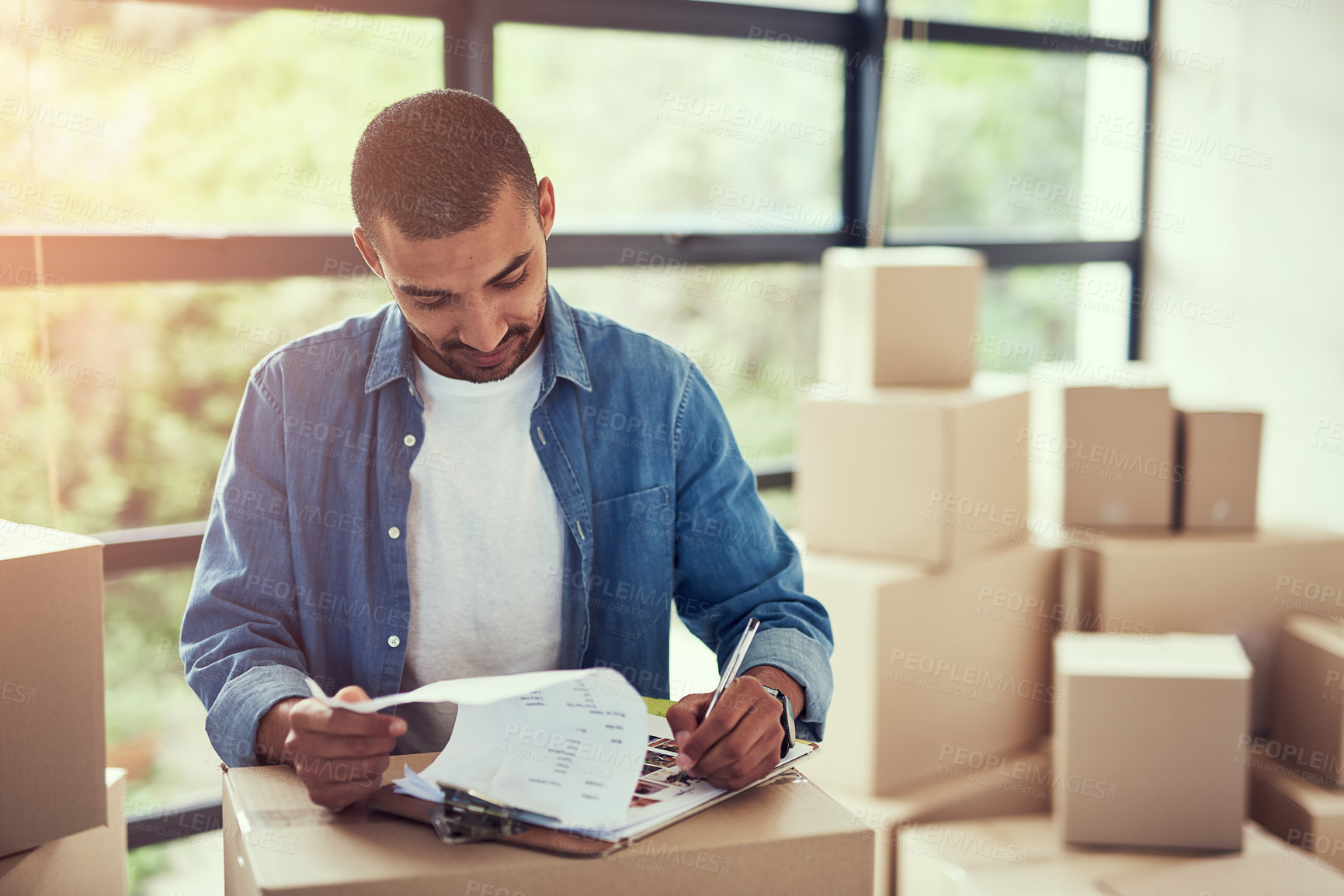 Buy stock photo New house, delivery and man with courier clipboard, signature and service, payment or compliance. Ecommerce, shipping and homeowner with cargo, product or purchase documents in property relocation