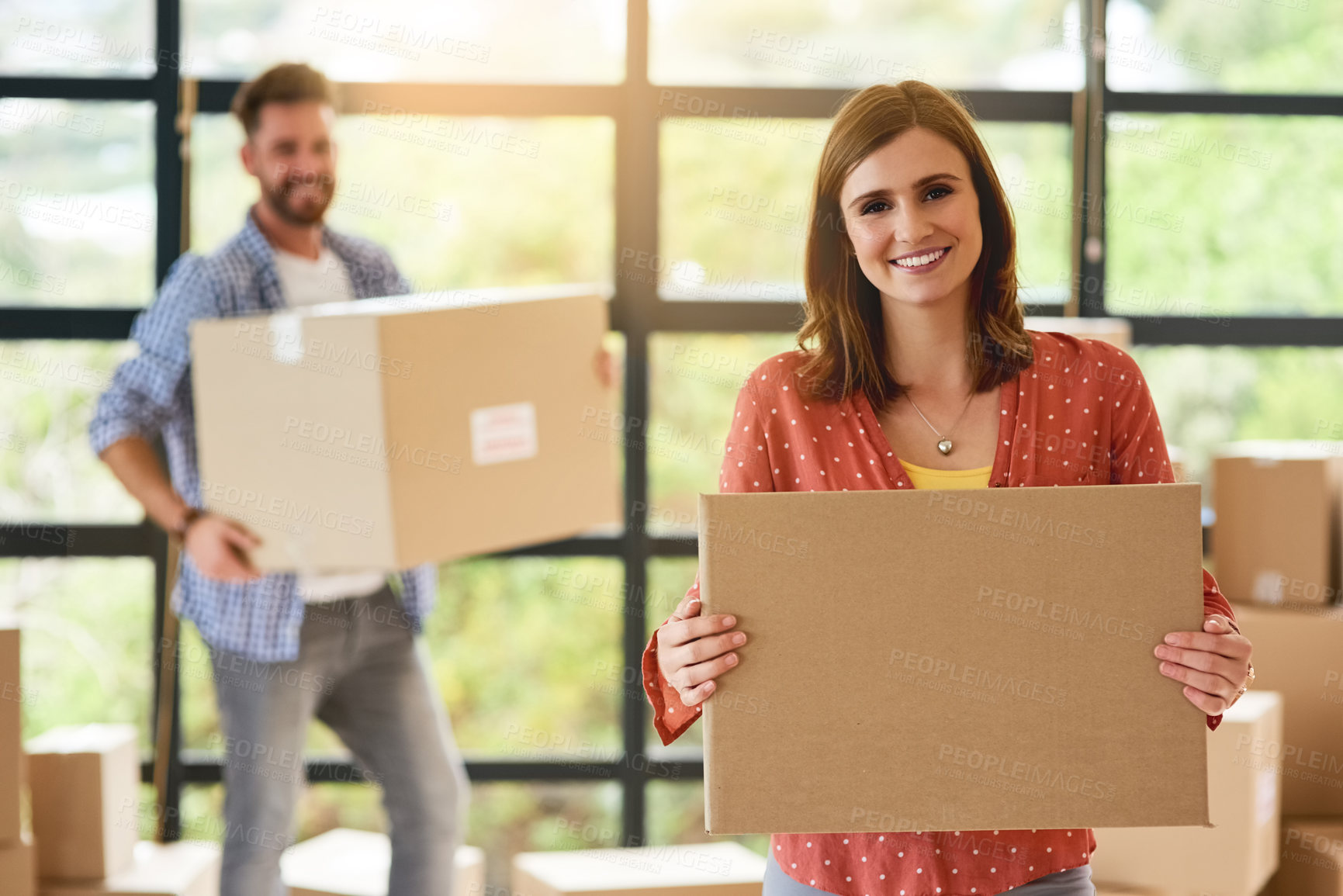 Buy stock photo Moving, boxes and excited couple in portrait with happiness for property, investment and opportunity. Transport, relocation and woman with package in real estate or apartment to rent with help