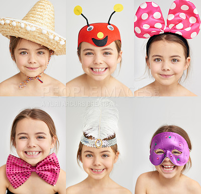 Buy stock photo Composite shot of portraits of a cute little girl in costume