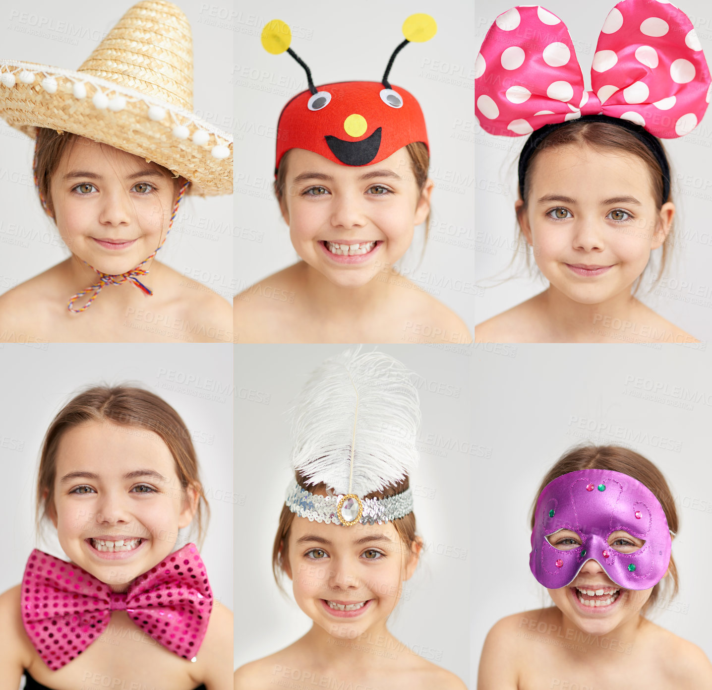 Buy stock photo Composite, portrait and girl with costume, child and happiness on white studio background. Face, youth and kid with accessory, Halloween and dress up with fun, cheerful and smile with fantasy or play