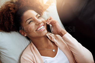 Buy stock photo Woman, home and couch or relax on phone call, chatting and living room for comfort on smartphone with internet. Conversation, laugh and funny discussion, listening and connected for communication