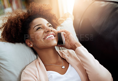 Buy stock photo Woman, home and sofa or relax on phone call, chatting and living room for comfort on smartphone with internet. Conversation, laugh and funny discussion, listening and connected for communication