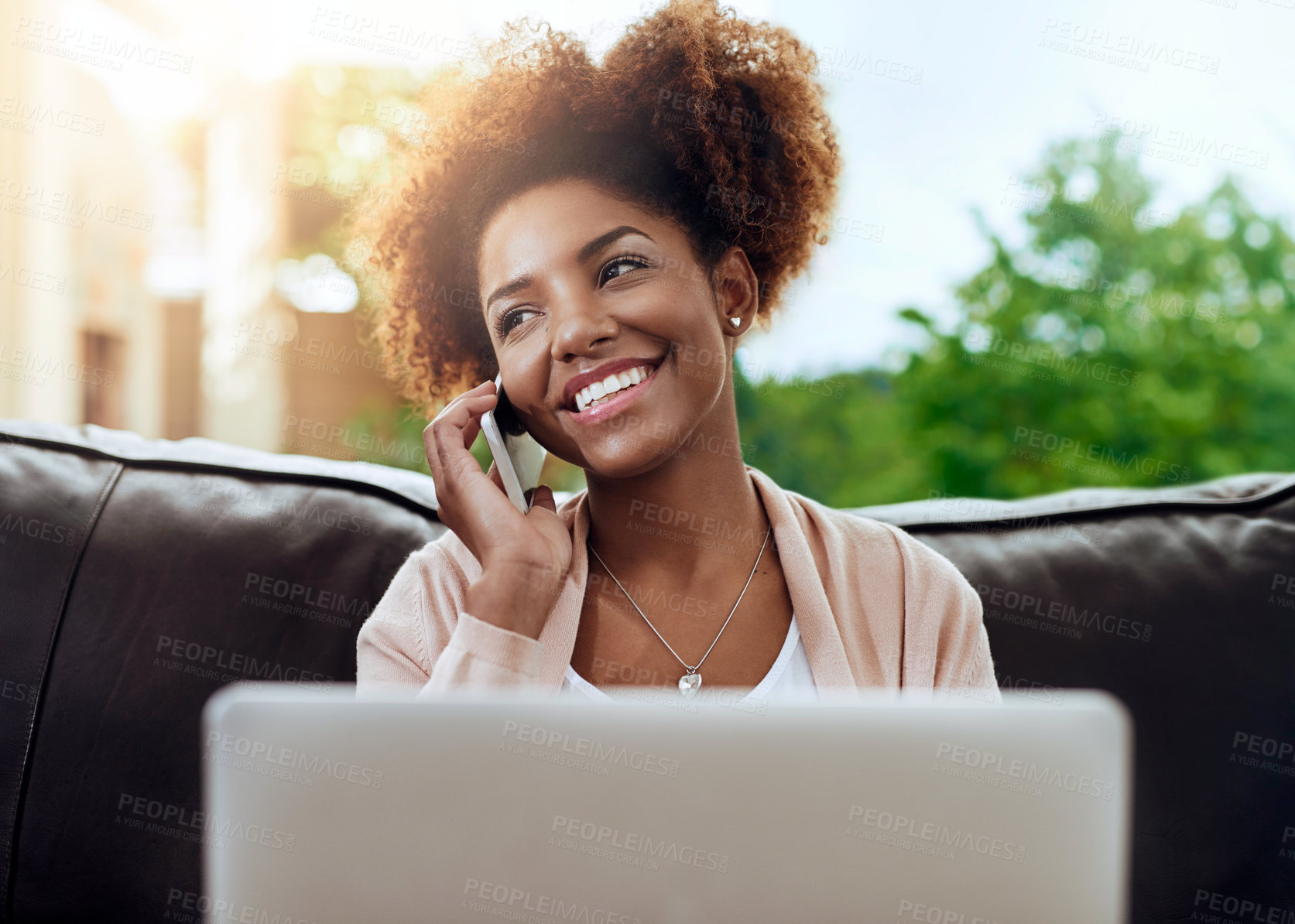 Buy stock photo Thinking, black woman and laptop with phone call in home for university results, education and planning. Smile, happy and college student with mobile for discussion, online website and registration