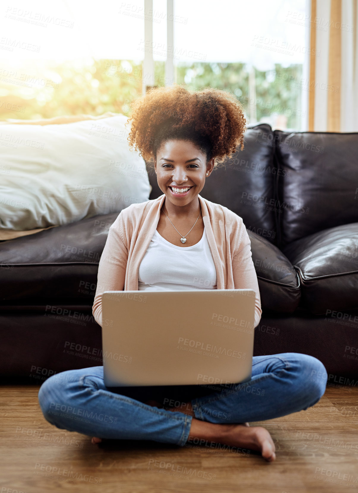 Buy stock photo Woman, portrait and laptop on floor in home for internet browsing, online shopping or social media scroll. African person, smile and relax with tech in lounge for streaming service or dating site