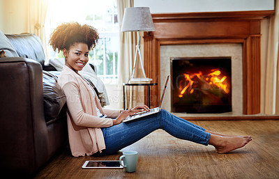 Buy stock photo Remote work from home, portrait and black woman with laptop, smile and typing with website info, internet and email notification. African person, copywriting or freelancer with computer or technology