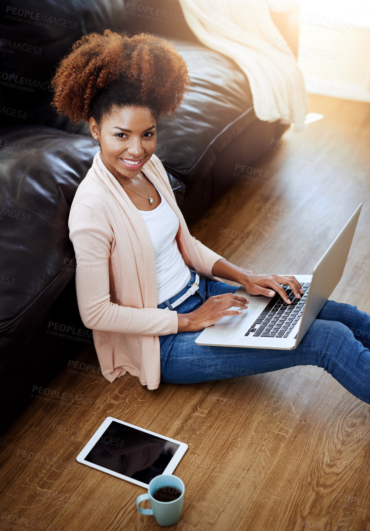 Buy stock photo House, portrait and black woman on floor, laptop and typing with lens flare, internet and email notification. African person, copywriting or freelancer with computer, tech or entrepreneur with smile