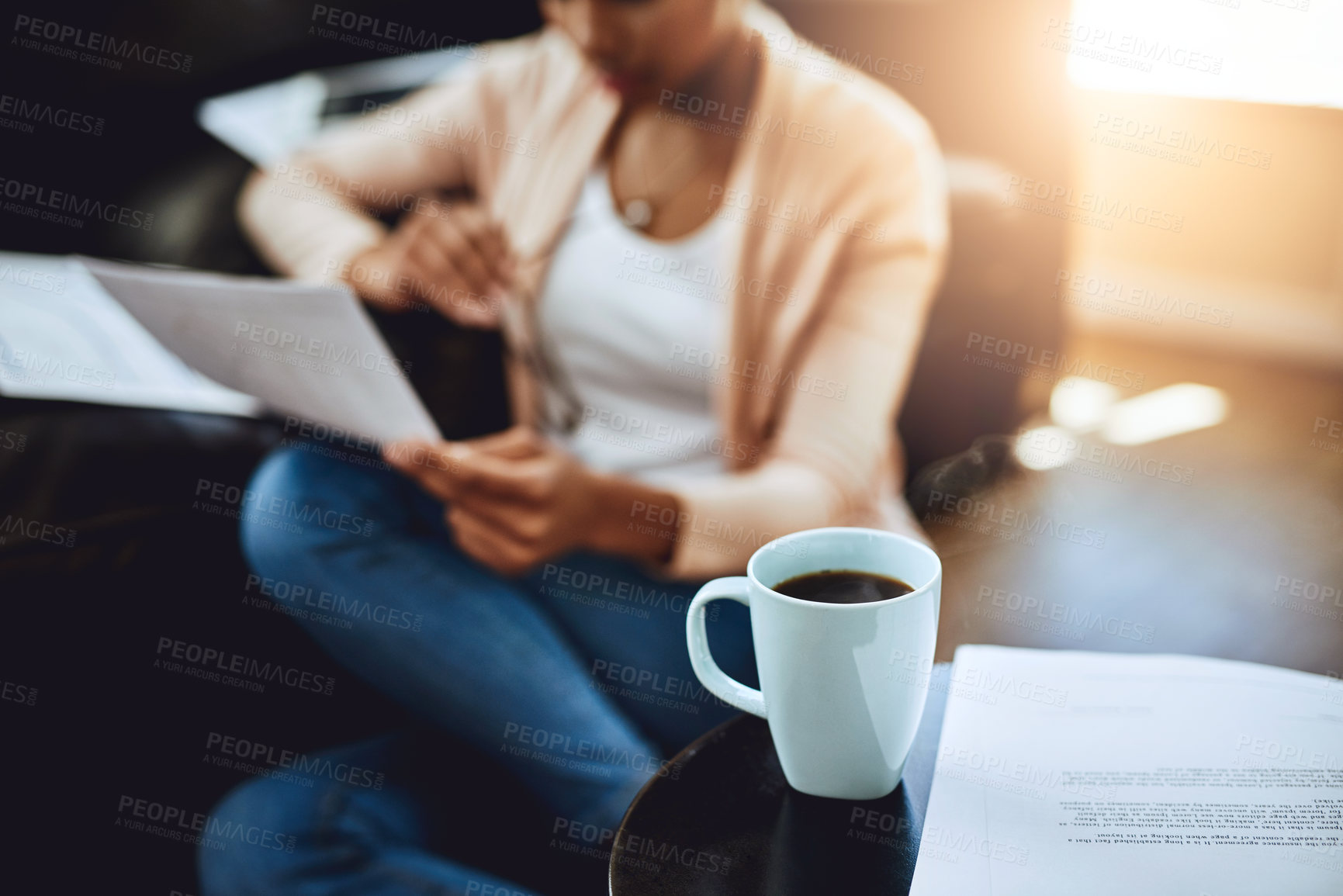 Buy stock photo Reading, paperwork and person in home with coffee and relax with review of investment report. Wealth, savings or woman with plan for future, income and learning from bills, taxes or research info
