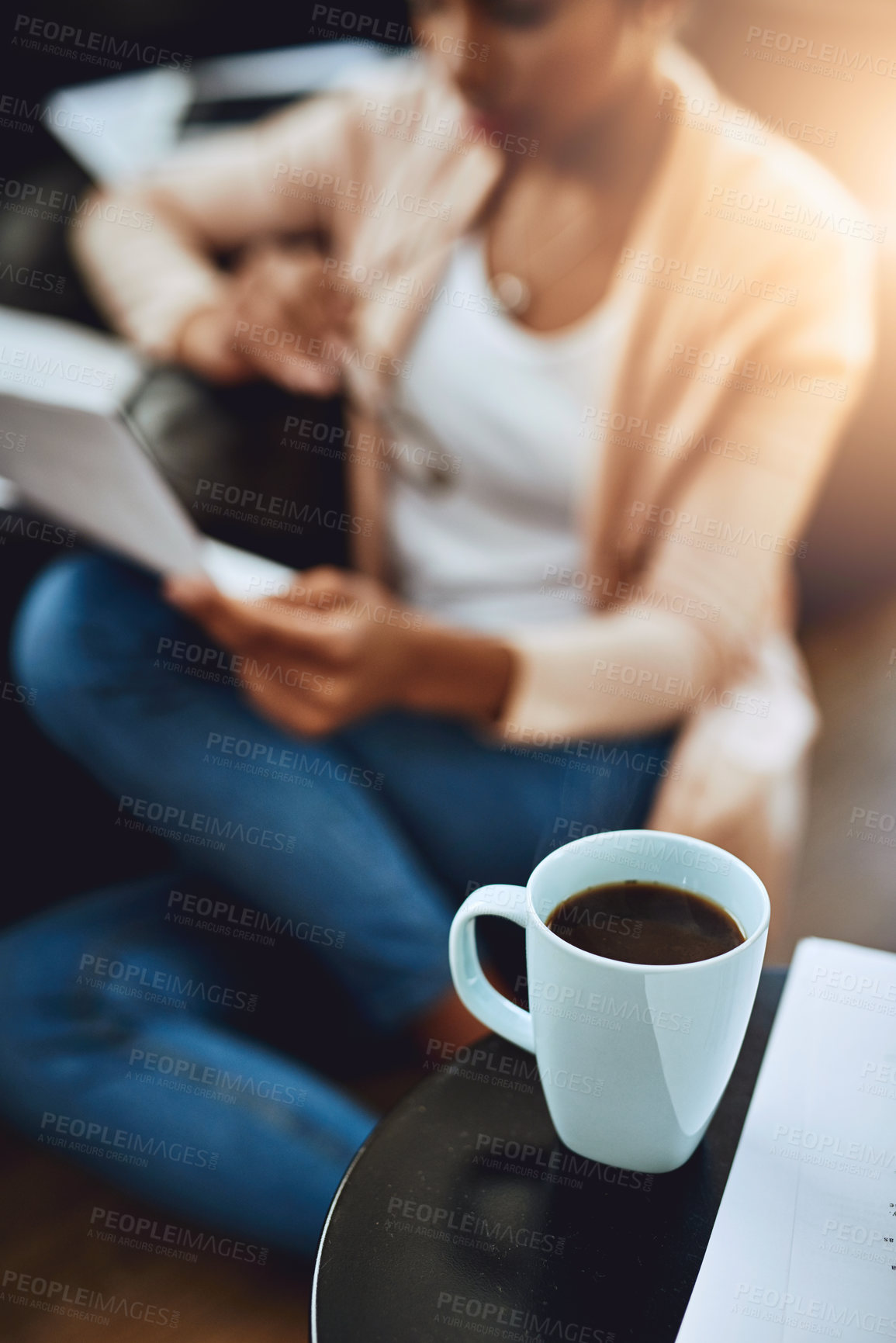 Buy stock photo Person, reading and relax in home with coffee and paperwork to review investment in report. Wealth, savings or woman with plan for future, income and learning from bills, taxes or research info