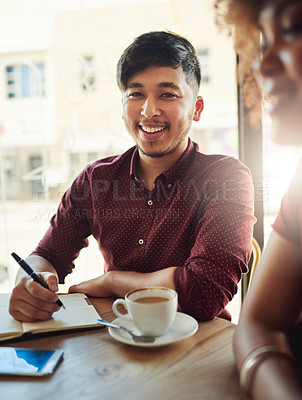 Buy stock photo Portrait, Asian man and happy as university student with notebook on campus to study for exam, test and assignment. College learner, smile and satisfied with studies, progress and development in cafe