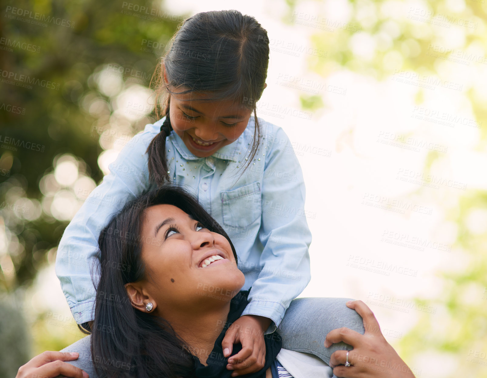 Buy stock photo Family, mother and girl on shoulder in outdoor sunshine together with generations for embrace, bonding and love in garden. Happy, parent and child on vacation at childhood home with nature for memory