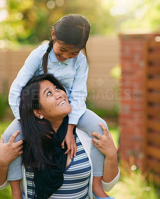 Buy stock photo Mother, child and airplane on shoulder in outdoor sunshine together with embrace, bonding and love in garden on holiday. Happy, parent and girl with care, support or childhood in nature for memory