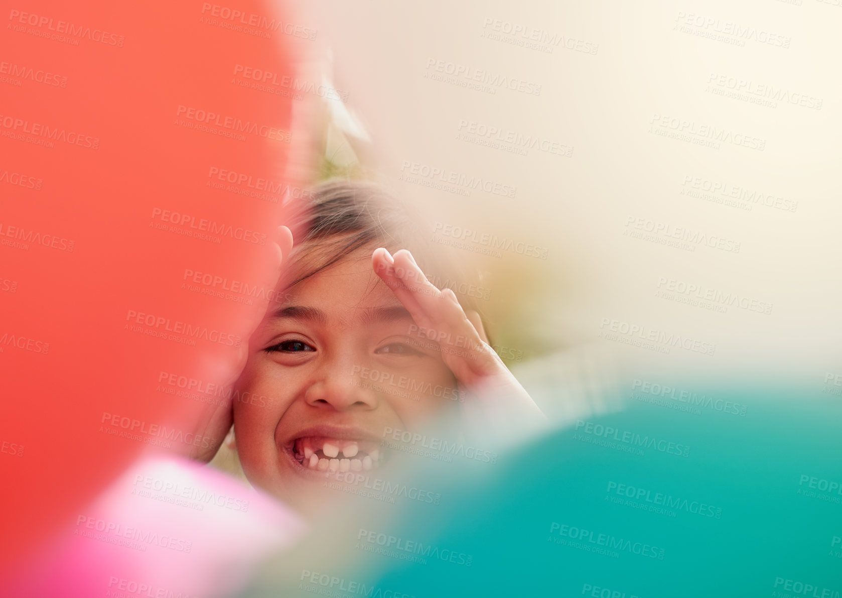 Buy stock photo Colourful, balloons and happy child in portrait outdoors for celebration decoration from carnival, party and festival for childhood fun. Smile, girl and and birthday event, enjoy or art on holiday 
