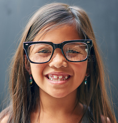 Buy stock photo Portrait, glasses and girl in studio with eye care for optometry, prescription and confidence. Smile, kid and frame of spectacles with lens on black background for clear vision, happiness or eyesight