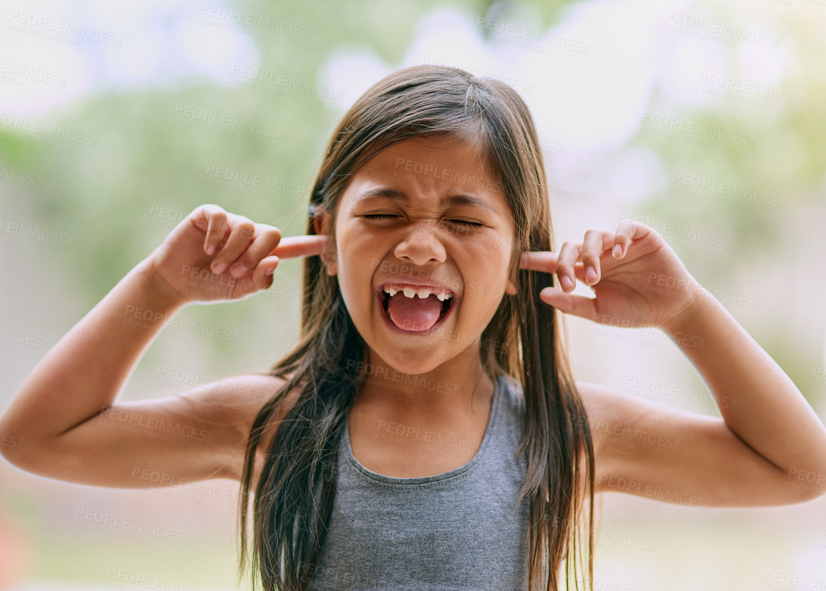 Buy stock photo Upset, young girl and hands on ears with shouting and screaming for autism and mental health. Frustrated, female kid and burnout with stress, anxiety and fatigue from loud noise for ADHD with face