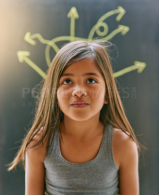 Buy stock photo Girl, child and studio for thinking, planning with goals for youth. Female kid, backdrop and direction arrows with serious thought for growth and development, optimistic for future in Chicago