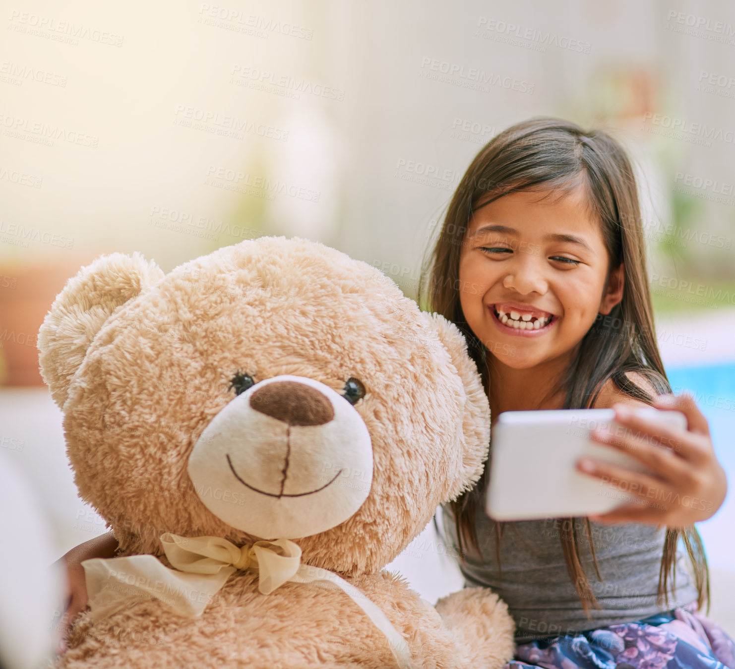 Buy stock photo Happy, selfie and girl with teddy bear, smile and comfortable with happiness at home garden. Youth, child development and internet love with fluffy toy gift outside for hugging, cozy and comfort