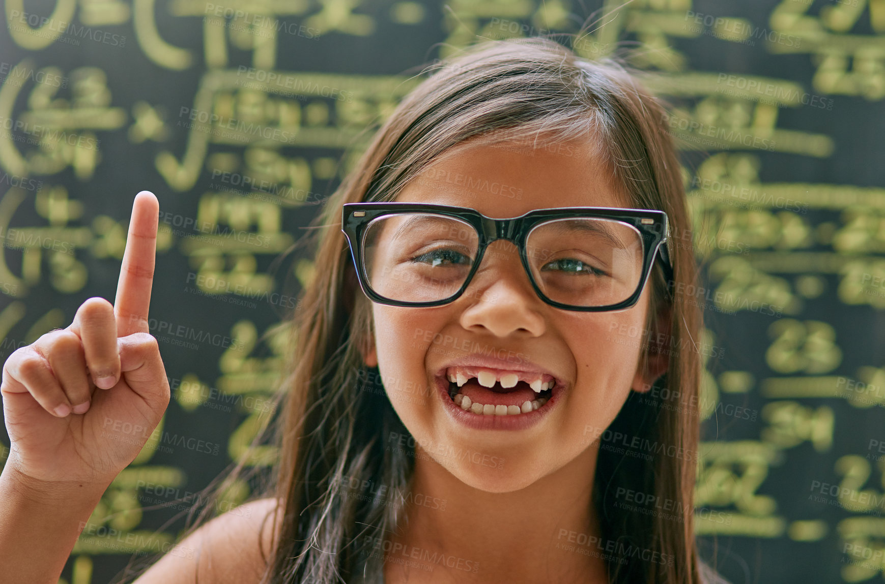 Buy stock photo Portrait, excited and girl with blackboard, genius and solution in education for childhood development. Learner, child and classroom for tuition for growth, knowledge or assessment in learning maths