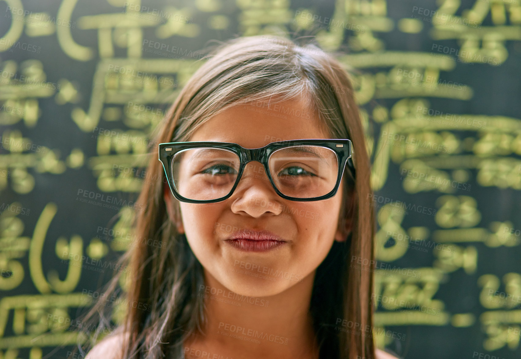 Buy stock photo Portrait, happiness and girl with blackboard, genius and learning in education for childhood development. Learner, child and classroom for tuition for growth, knowledge or assessment in maths