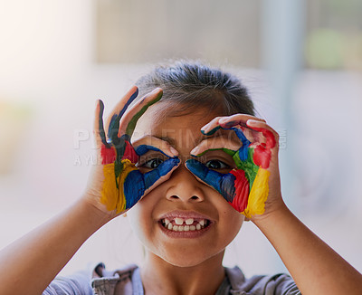 Buy stock photo Portrait of a little girl with her hands covered in paint