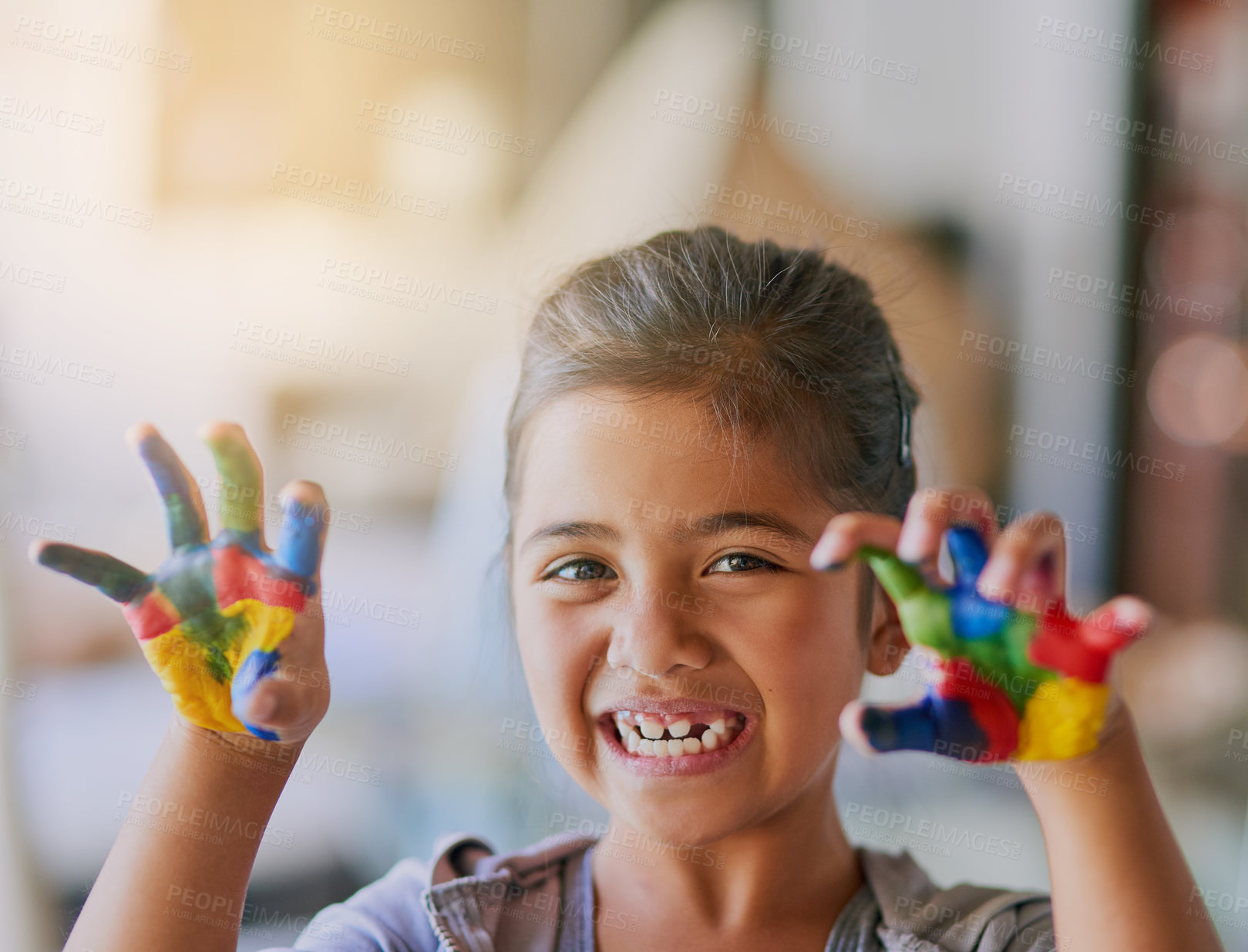 Buy stock photo Girl, hands and paint in learning creativity in craft in home schooling with playing as artist. Happy Kid, student and education in elementary with smile in child development, growth and colorful art