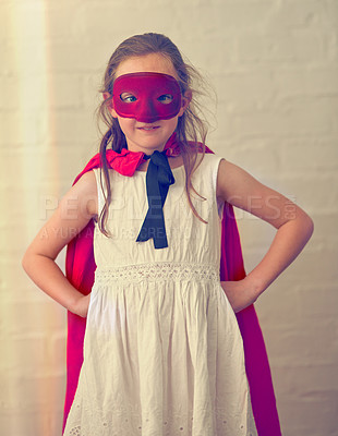 Buy stock photo Portrait of a little girl pretending to be a superhero