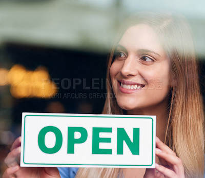 Buy stock photo Cropped shot of an attractive young woman opening up her coffee shop