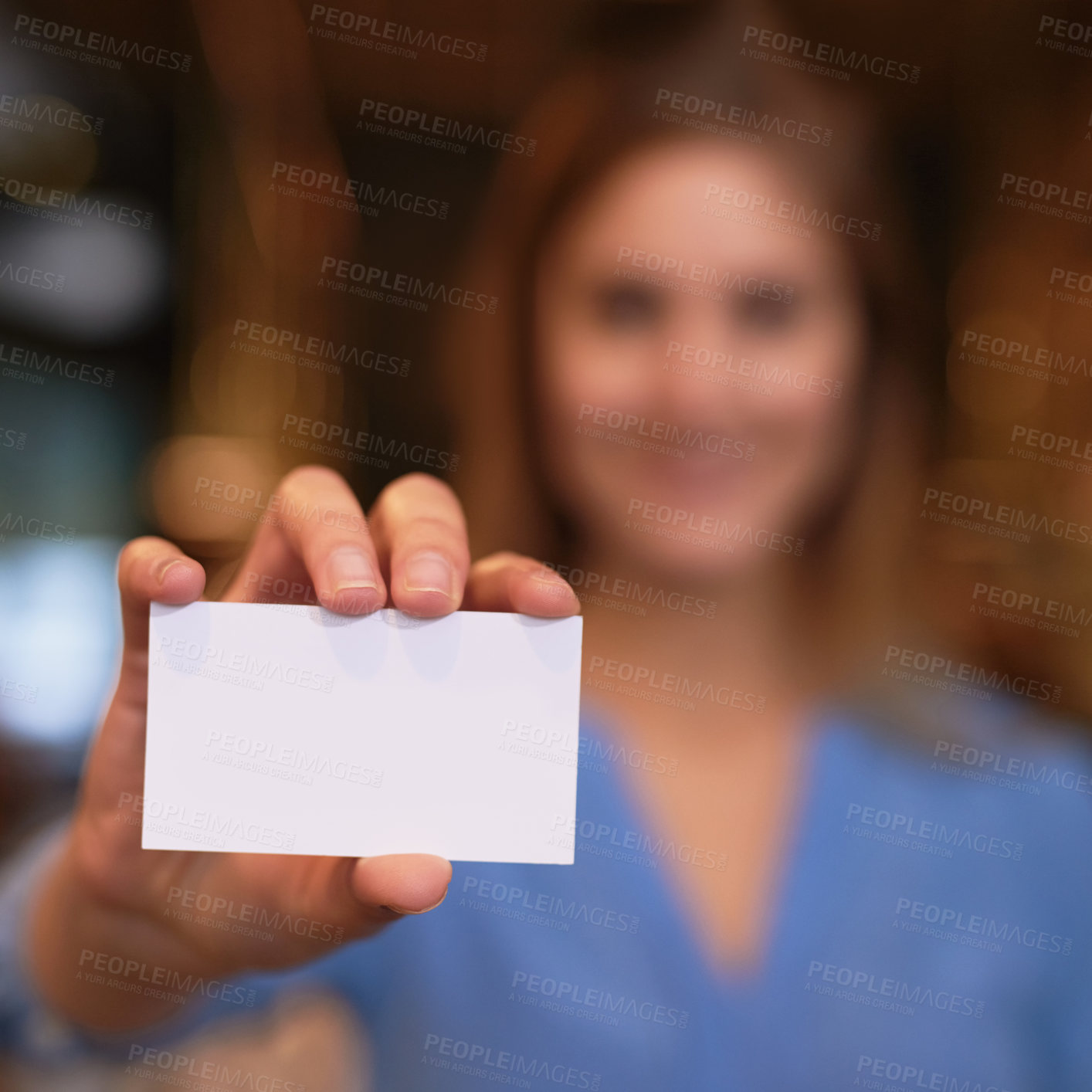 Buy stock photo Hand, mockup and woman in office with business card for contact us, logo or company information. Professional, startup and female entrepreneur with paper with space for advertising or marketing.