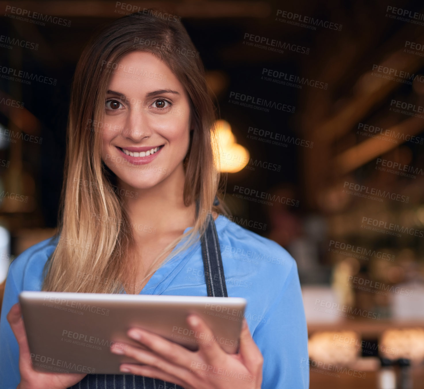 Buy stock photo Online order, portrait and tablet with waitress in coffee shop for hospitality, service or small business. Cafe, restaurant or tech with happy woman employee at work as barista, entrepreneur or owner