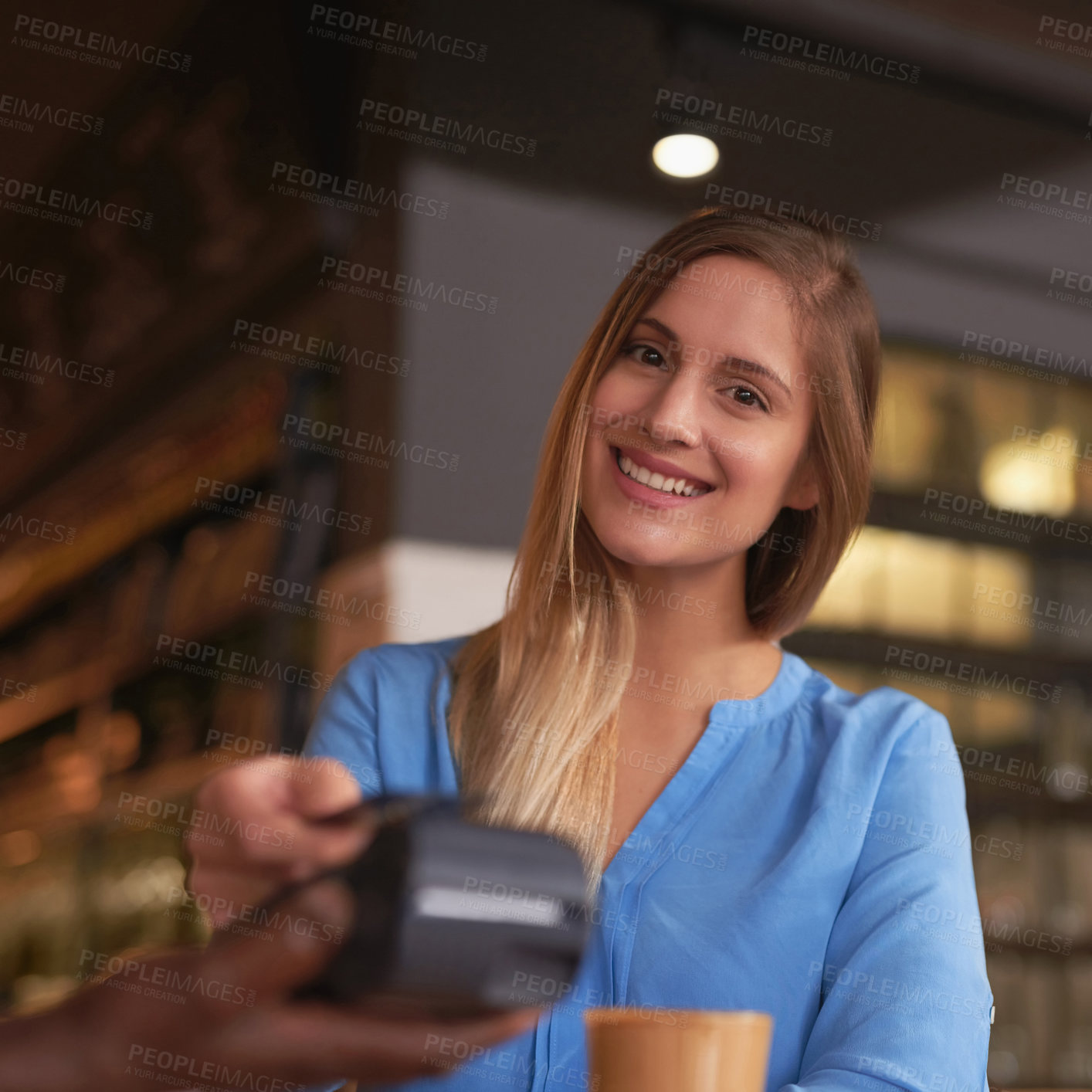 Buy stock photo Cafe, POS and woman with credit card for payment in coffee shop with easy fintech machine for shopping. Money, sale and customer at register with cashier to process transaction in small business
