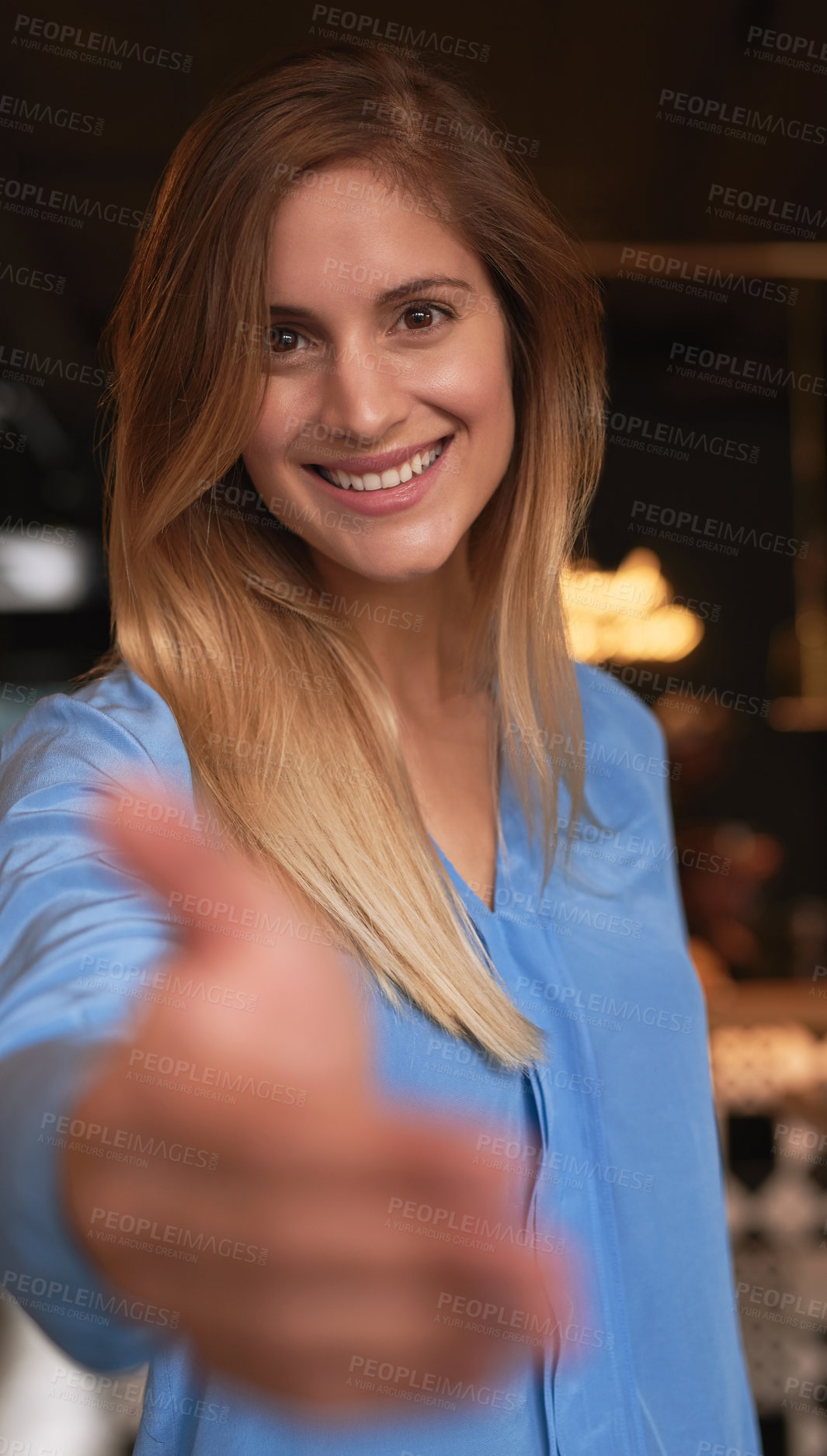 Buy stock photo Cropped portrait of an attractive young woman welcoming you into her coffee shop
