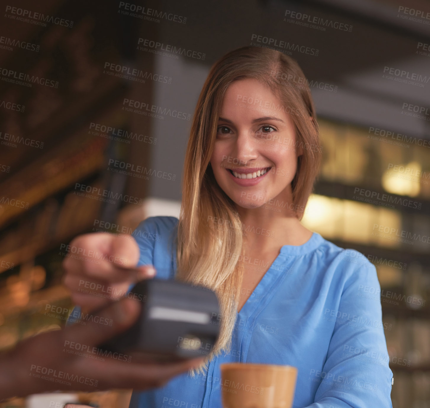 Buy stock photo Cafe, POS and payment on credit card with woman in coffee shop and easy fintech machine for shopping. Money, sale and customer at register with cashier to process transaction in small business