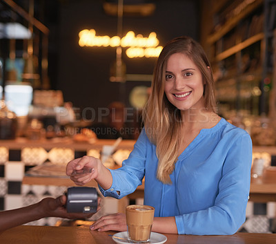 Buy stock photo Cafe, portrait and payment on credit card with woman in coffee shop and easy POS, fintech machine or shopping. Money, sale and customer with cashier to process retail transaction in small business