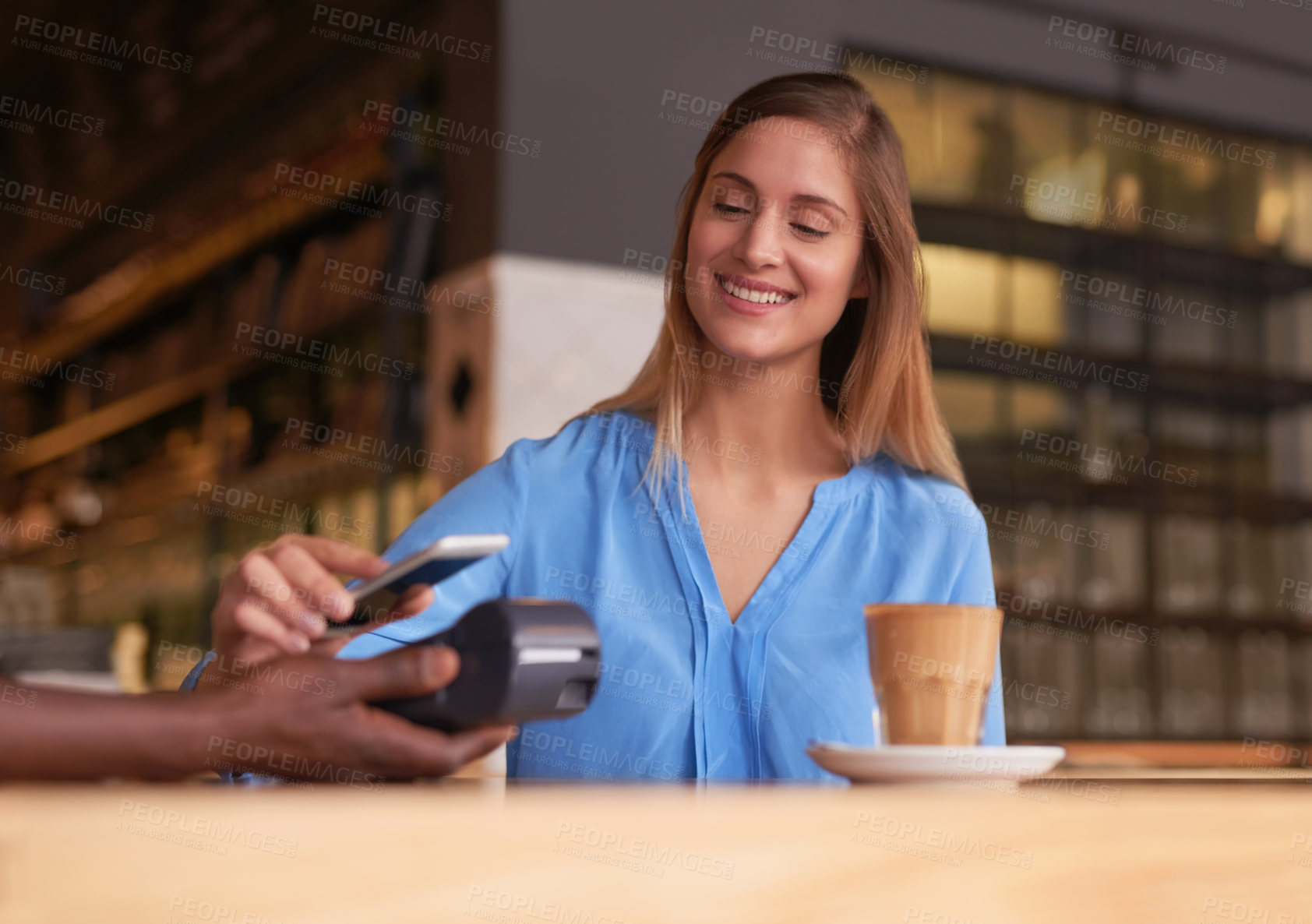Buy stock photo Customer, payment and POS with phone in cafe or coffee shop with easy fintech machine for shopping. Cashless, smartphone and futuristic contactless cashier to process online transaction in business