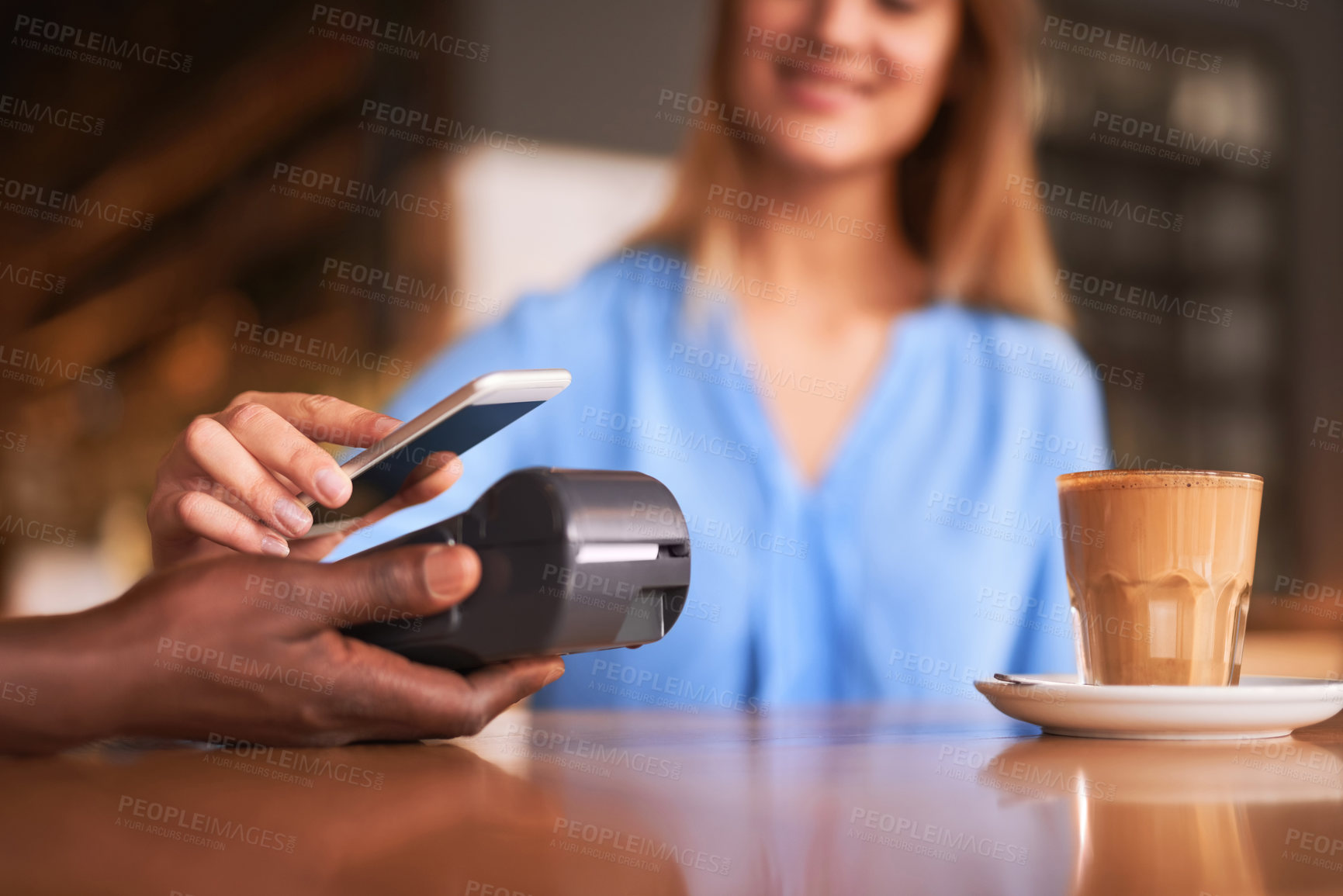 Buy stock photo Phone, payment and customer POS in cafe or coffee shop with easy fintech machine for shopping. Cashless, smartphone and futuristic contactless cashier to process online transaction in business