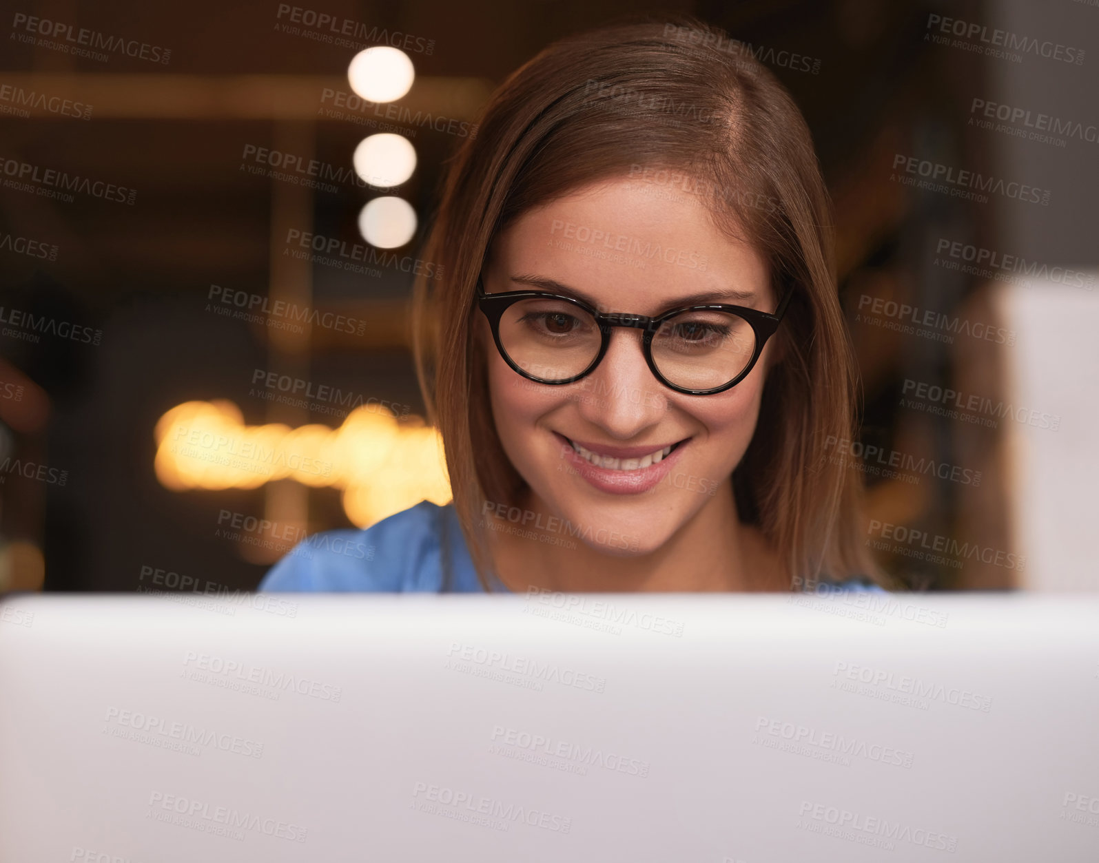 Buy stock photo Woman, happy and work with laptop in cafe, freelancer and entrepreneur networking on online website. Smile, reading blog and internet or social media communication, creative businesswoman and tech
