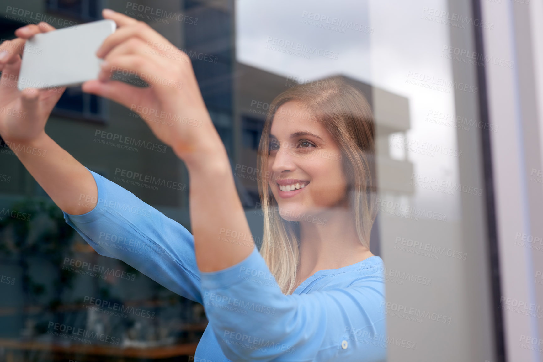 Buy stock photo Selfie, woman and window in cafe for social media, update and profile picture with happiness. Technology, gen z and influencer in coffee shop for communication, internet and online with mobile app 